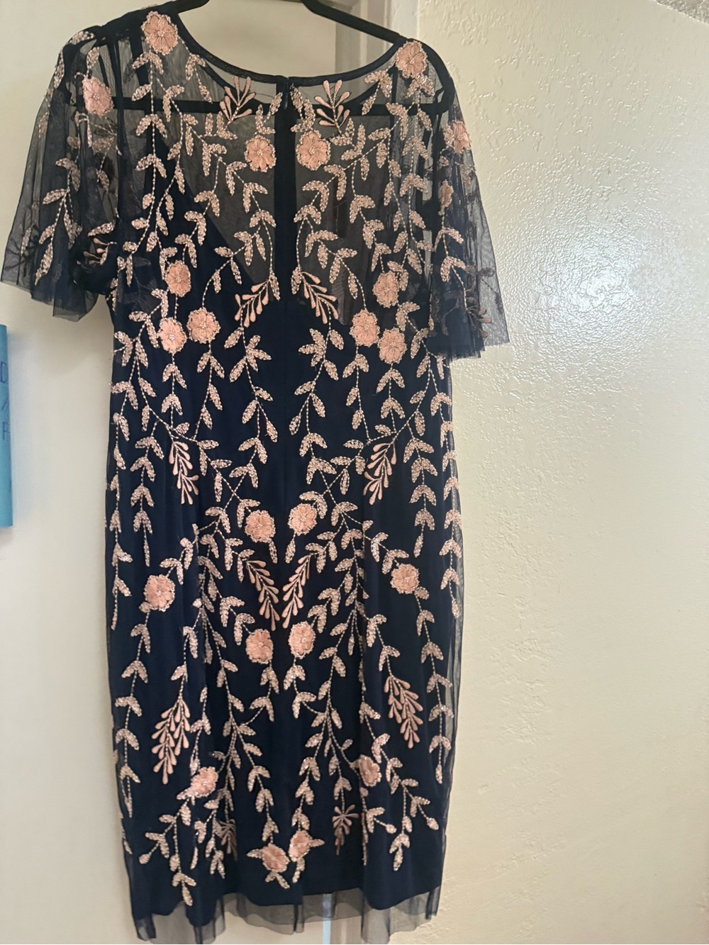 Adrianna Papell Black Midi Dress with Pink Floral Embroidery